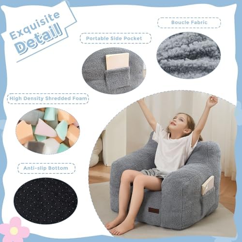 MAXYOYO Kids Sherpa Bean Bag Chair, Boucle Toddler Chair Toddler Bean Bag Couch for Girls and Boys, Teddy Lazy Sofa with Pocket for Playing, Green
