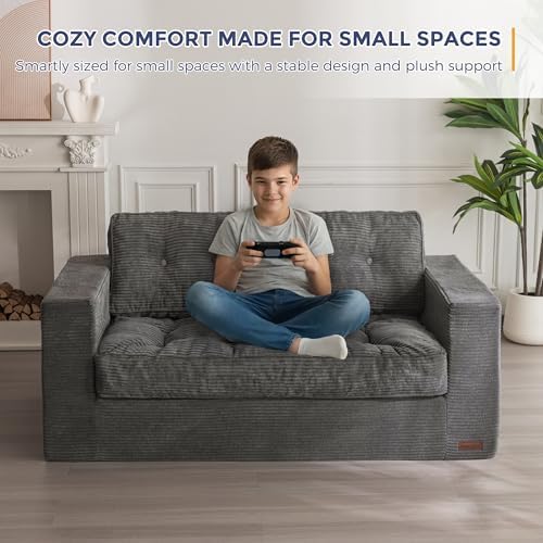 MAXYOYO Bean Bag Chair for Adults, Upholstered Floor Sofa with Armrests, Loveseat Boneless Couch with Tufted Cushion &amp; Backrest, Sofa in A Box, Large Bean Bag Couch for Bedroom Living Room, Dark Grey