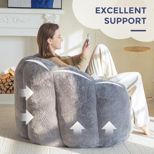 MAXYOYO Bean Bag Chair for Adults, Floral Shaped Bean Bag Sofa, Ultra Soft Faux Fur Floor Sofa, Large Reading Chair for Living Room Bedroom, Beige, Single