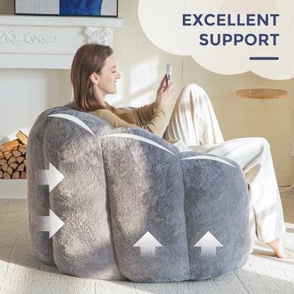 MAXYOYO Bean Bag Chair for Adults, Floral Shaped Bean Bag Sofa, Ultra Soft Faux Fur Floor Sofa, Large Reading Chair for Living Room Bedroom, Beige, Single