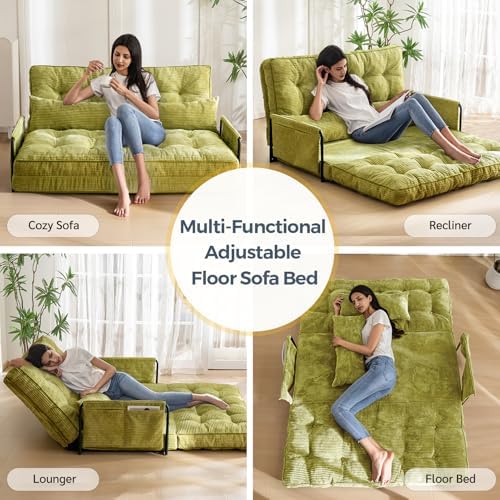 MAXYOYO Adjustable Floor Sofa Couch with Pillow, Multi-Functional Bean Bag Bed, 5-Position Foldable Lazy Sofa Sleeper Bed with Armrest, Versatile Floor Seating for Reading Gaming, Green, Single