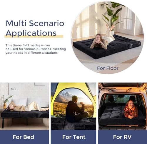 MAXYOYO Tri-Fold Mattress, 6 Inch Tufted Folding Mattress Full Foam Bed, Foldable Floor Couch Guest Bed Topper Portable Camping Sleeper with Corded Fabric, Dark Grey, 53"x75"