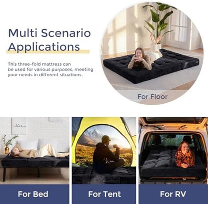 MAXYOYO Tri-Fold Mattress, 6 Inch Tufted Folding Mattress Full Foam Bed, Foldable Floor Couch Guest Bed Topper Portable Camping Sleeper with Corded Fabric, Dark Grey, 53"x75"