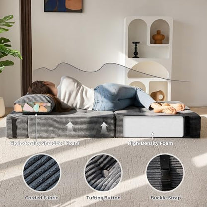 MAXYOYO Folding Sofa Bed, Convertible Sofa Bed with High-Density Support Foam, Portable 4 in 1 Fold Out Chair to Floor Lounger, Versatile Floor Couch for Living Room Bedroom, Dark Grey
