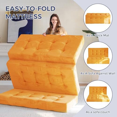 MAXYOYO Tri-Fold Mattress, 6 Inch Tufted Folding Mattress Full Foam Bed, Foldable Floor Couch Guest Bed Topper Portable Camping Sleeper with Corded Fabric, Dark Grey, 53"x75"