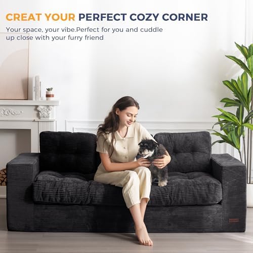 MAXYOYO Bean Bag Chair for Adults, Upholstered Floor Sofa with Armrests, Loveseat Boneless Couch with Tufted Cushion &amp; Backrest, Sofa in A Box, Large Bean Bag Couch for Bedroom Living Room, Black