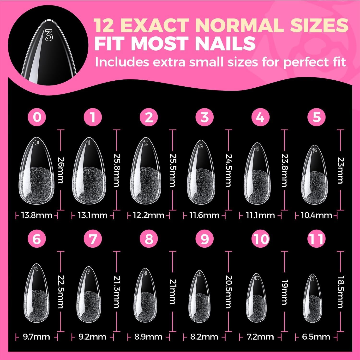 Capsule Américaine Ongles Amande Moyenne 504 Pièces | Faux Ongles Couverture Totale, Gel Souple Sans Courbure En C, Idéal Pour Extensions D’Ongles Et DIY À La Maison 12 Tailles
