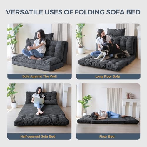 MAXYOYO Bean Bag Bed Tufted Folding Sofa Bed with Pillows, Extra Thick and Long Floor Mattress for Adults, Single Couch Bed for Bedroom Living Room, Beige, 30x91 Inch