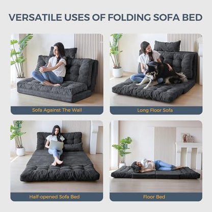 MAXYOYO Bean Bag Bed Tufted Folding Sofa Bed with Pillows, Extra Thick and Long Floor Mattress for Adults, Single Couch Bed for Bedroom Living Room, Beige, 30x91 Inch