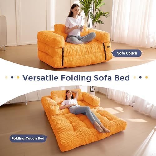 MAXYOYO Folding Sofa Bed, L-Shaped Convertible Sofa Bed with Armrest Foldable Sleeper Sofa with Pillow, Portable Fold Out Chair Bed Comfy Floor Lounge for Living Room Bedroom, Dark Grey