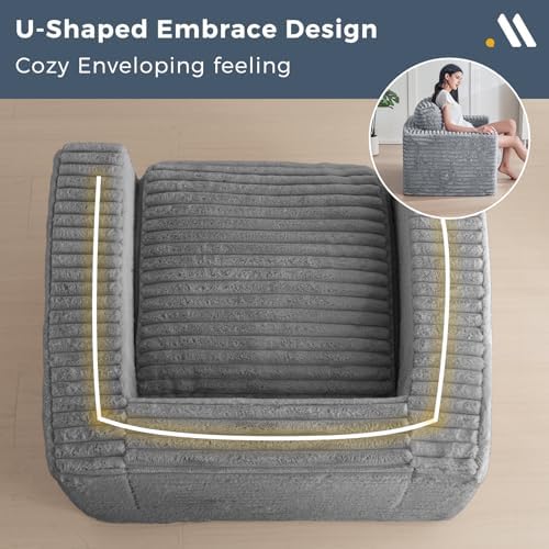 MAXYOYO Giant Bean Bag Chair for Adults, Upholstered Loveseat Floor Sofa with Pillows and Armrests, Large Bean Bag Sofa Plush Chair Bean Bag Couch for Bedroom Living Room, Grey