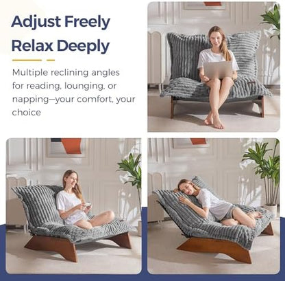 MAXYOYO Adjustable Living Room Chair, 3-Position Bean Bag Chair with Removable Cover, Upholstered Accent Chair with Frame, Soft Reclining Lounge for Bedroom, Apartment, Office, Beige