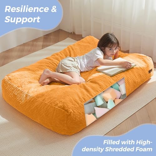MAXYOYO Bean Bag Chair Bed for Kids, Convertible Bean Bag Folds from Lazy Chair to Floor Mattress Bed, Machine Washable Corded Fabric, Stuffed Floor Sofa Couch for Boys and Girls, Dark Grey