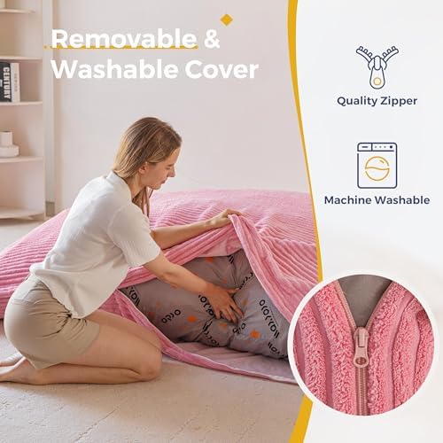 MAXYOYO Giant Bean Bag Chair with Pillow, 3 in 1 Convertible Bean Bag Chair for Adults with Removable Cover, Floor Cushion Stuffed Floor Lounger for Living Room Bedroom, Grey