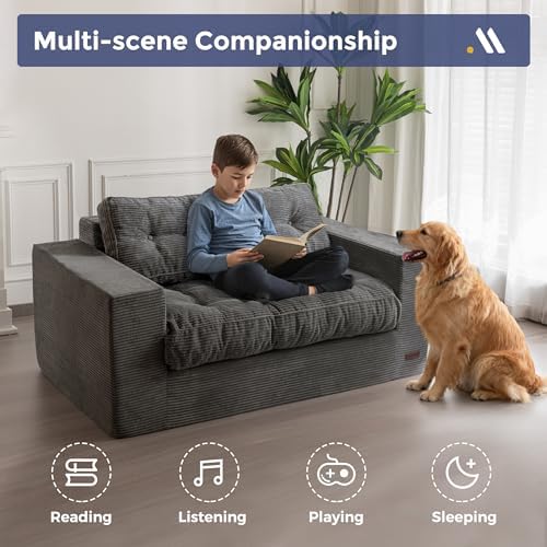 MAXYOYO Bean Bag Chair for Adults, Upholstered Floor Sofa with Armrests, Loveseat Boneless Couch with Tufted Cushion &amp; Backrest, Sofa in A Box, Large Bean Bag Couch for Bedroom Living Room, Dark Grey