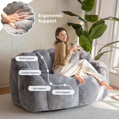 MAXYOYO Bean Bag Chair for Adults, Floral Shaped Bean Bag Sofa, Ultra Soft Faux Fur Floor Sofa, Large Reading Chair for Living Room Bedroom, Beige, Single