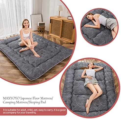 MAXYOYO Japanese Futon Mattress Floor Mattress Sleeping Pad Foldable Bed Roll Up Camping Cushion Floor Lounger Bed Couches and Sofas Couch Topper, Black Floral, Full Size
