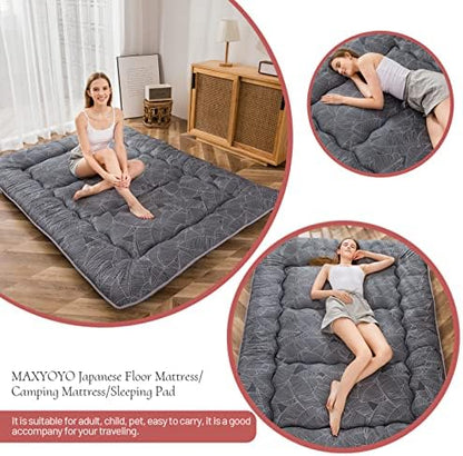 MAXYOYO Japanese Futon Mattress Floor Mattress Sleeping Pad Foldable Bed Roll Up Camping Cushion Floor Lounger Bed Couches and Sofas Couch Topper, Black Floral, Full Size