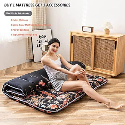 MAXYOYO Japanese Futon Mattress Floor Mattress Sleeping Pad Foldable Bed Roll Up Camping Cushion Floor Lounger Bed Couches and Sofas Couch Topper, Black Floral, Full Size
