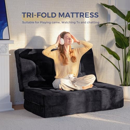 MAXYOYO Tri-Fold Mattress, 6 Inch Tufted Folding Mattress Full Foam Bed, Foldable Floor Couch Guest Bed Topper Portable Camping Sleeper with Corded Fabric, Dark Grey, 53"x75"