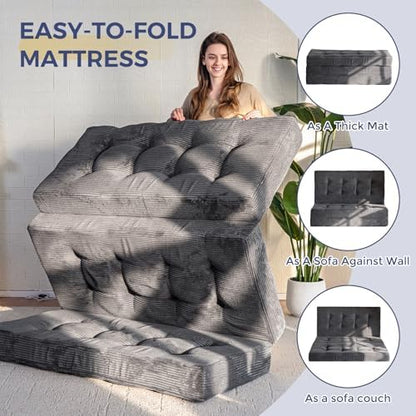 MAXYOYO Tri-Fold Mattress, 6 Inch Tufted Folding Mattress Full Foam Bed, Foldable Floor Couch Guest Bed Topper Portable Camping Sleeper with Corded Fabric, Dark Grey, 53"x75"