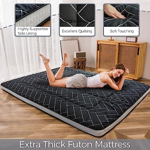 MAXYOYO Black Moon and Star Futon Mattress, Japanese Floor Mattress Quilted Bed Mattress Topper, Extra Thick Folding Sleeping Pad Breathable Floor Lounger Guest Bed for Camping Couch, Twin