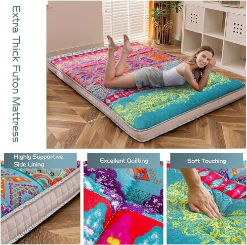 MAXYOYO Black Moon and Star Futon Mattress, Japanese Floor Mattress Quilted Bed Mattress Topper, Extra Thick Folding Sleeping Pad Breathable Floor Lounger Guest Bed for Camping Couch, Twin
