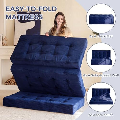 MAXYOYO Tri-Fold Mattress, 6 Inch Tufted Folding Mattress Full Foam Bed, Foldable Floor Couch Guest Bed Topper Portable Camping Sleeper with Corded Fabric, Dark Grey, 53"x75"