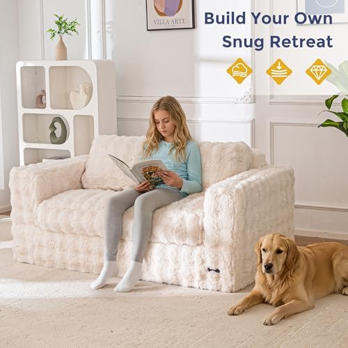 MAXYOYO Loveseat Sofa for Living Room, Small Sofa Couch Tufted Boneless Couch, Comfy Bean Bag Chair for Small Space Bedroom Apartment, No Assembly Needed, Beige