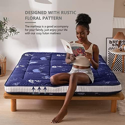 MAXYOYO Black Moon and Star Futon Mattress, Japanese Floor Mattress Quilted Bed Mattress Topper, Extra Thick Folding Sleeping Pad Breathable Floor Lounger Guest Bed for Camping Couch, Twin