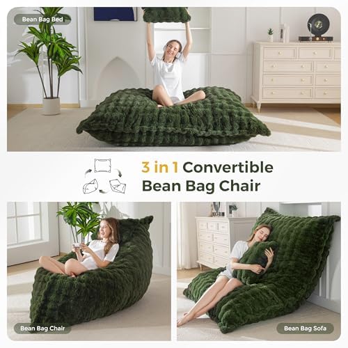 MAXYOYO Giant Bean Bag Chair with Pillow, 3 in 1 Convertible Bean Bag Chair for Adults with Removable Cover, Floor Cushion Stuffed Floor Lounger for Living Room Bedroom, Grey