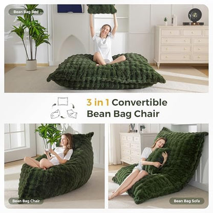 MAXYOYO Giant Bean Bag Chair with Pillow, 3 in 1 Convertible Bean Bag Chair for Adults with Removable Cover, Floor Cushion Stuffed Floor Lounger for Living Room Bedroom, Grey