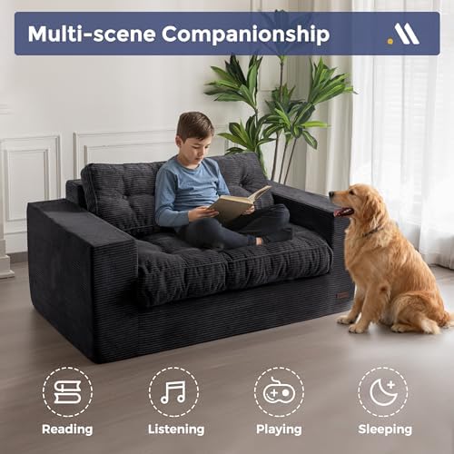 MAXYOYO Bean Bag Chair for Adults, Upholstered Floor Sofa with Armrests, Loveseat Boneless Couch with Tufted Cushion &amp; Backrest, Sofa in A Box, Large Bean Bag Couch for Bedroom Living Room, Dark Grey