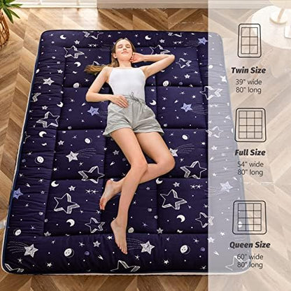 MAXYOYO Black Moon and Star Futon Mattress, Japanese Floor Mattress Quilted Bed Mattress Topper, Extra Thick Folding Sleeping Pad Breathable Floor Lounger Guest Bed for Camping Couch, Twin