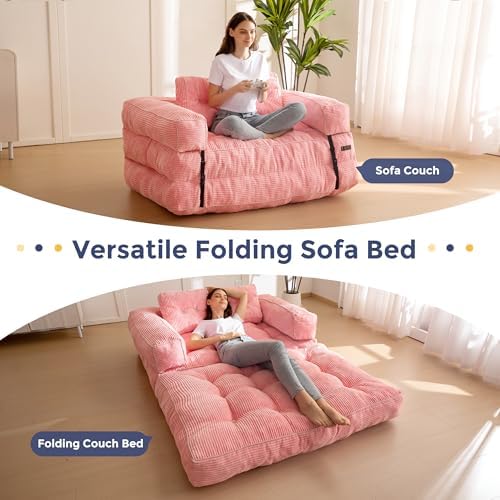 MAXYOYO Folding Sofa Bed, L-Shaped Convertible Sofa Bed with Armrest Foldable Sleeper Sofa with Pillow, Portable Fold Out Chair Bed Comfy Floor Lounge for Living Room Bedroom, Dark Grey