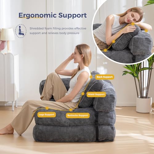 MAXYOYO Folding Sofa Bed, L-Shaped Convertible Sofa Bed with Armrest Foldable Sleeper Sofa with Pillow, Portable Fold Out Chair Bed Comfy Floor Lounge for Living Room Bedroom, Dark Grey