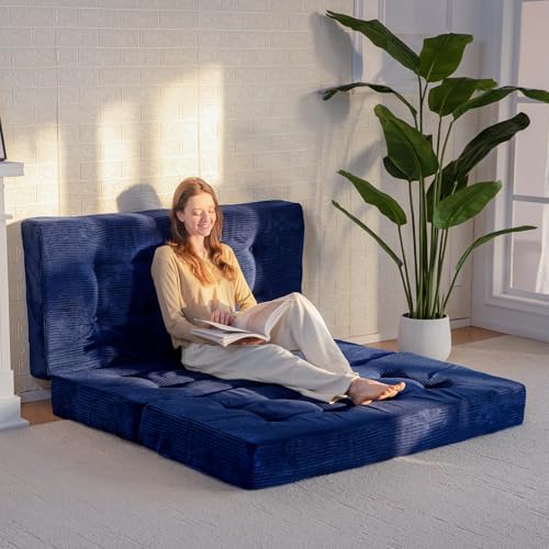 MAXYOYO Tri-Fold Mattress, 6 Inch Tufted Folding Mattress Full Foam Bed, Foldable Floor Couch Guest Bed Topper Portable Camping Sleeper with Corded Fabric, Dark Grey, 53"x75"