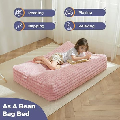 MAXYOYO Bean Bag Chair Bed for Kids, Convertible Bean Bag Folds from Lazy Chair to Floor Mattress Bed, Stuffed Floor Sofa Couch Sofa Bed for Boys and Girls, High-Density Foam Filling, Pink