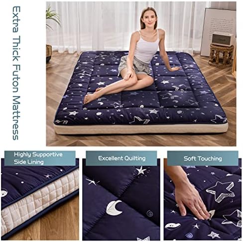 MAXYOYO Black Moon and Star Futon Mattress, Japanese Floor Mattress Quilted Bed Mattress Topper, Extra Thick Folding Sleeping Pad Breathable Floor Lounger Guest Bed for Camping Couch, Twin