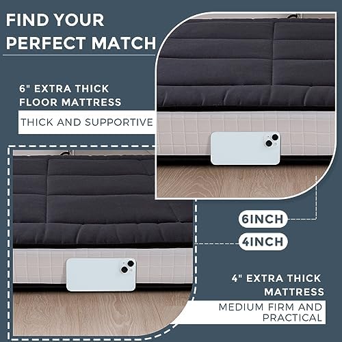 MAXYOYO 6" Extra Thick Floor Futon Mattress, Foldable Japanese Floor Mattress for Adults, Roll Up Tatami Pad for Guest Room, Black, Queen