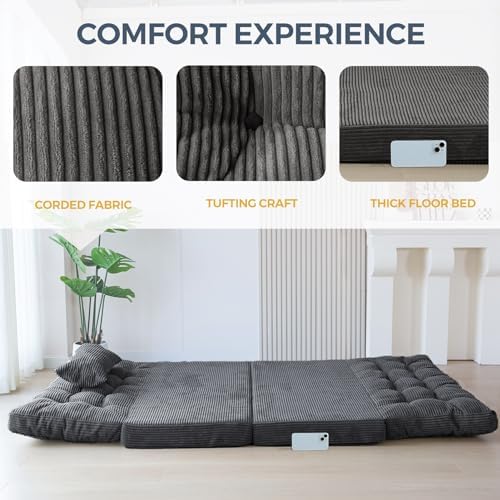 MAXYOYO Bean Bag Bed Tufted Folding Sofa Bed with Pillows, Extra Thick and Long Floor Mattress for Adults, Single Couch Bed for Bedroom Living Room, Beige, 30x91 Inch
