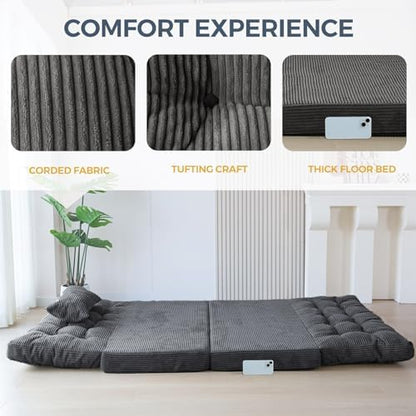 MAXYOYO Bean Bag Bed Tufted Folding Sofa Bed with Pillows, Extra Thick and Long Floor Mattress for Adults, Single Couch Bed for Bedroom Living Room, Beige, 30x91 Inch