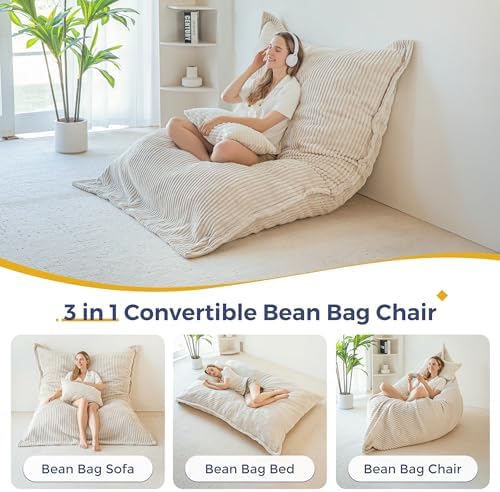 MAXYOYO Giant Bean Bag Chair with Pillow, 3 in 1 Convertible Bean Bag Chair for Adults with Removable Cover, Floor Cushion Stuffed Floor Lounger for Living Room Bedroom, Grey