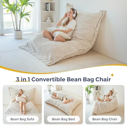 MAXYOYO Giant Bean Bag Chair with Pillow, 3 in 1 Convertible Bean Bag Chair for Adults with Removable Cover, Floor Cushion Stuffed Floor Lounger for Living Room Bedroom, Grey