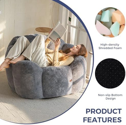 MAXYOYO Bean Bag Chair for Adults, Floral Shaped Bean Bag Sofa, Ultra Soft Faux Fur Floor Sofa, Large Reading Chair for Living Room Bedroom, Beige, Single