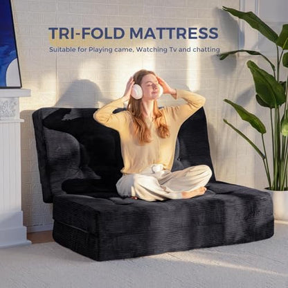MAXYOYO Tri-Fold Mattress, 6 Inch Tufted Folding Mattress Full Foam Bed, Foldable Floor Couch Guest Bed Topper Portable Camping Sleeper with Corded Fabric, Dark Grey, 53"x75"