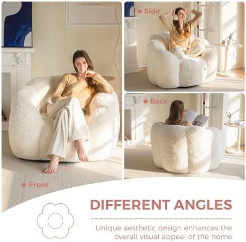 MAXYOYO Bean Bag Chair for Adults, Floral Shaped Bean Bag Sofa, Ultra Soft Faux Fur Floor Sofa, Large Reading Chair for Living Room Bedroom, Beige, Single