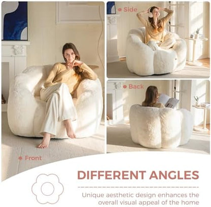 MAXYOYO Bean Bag Chair for Adults, Floral Shaped Bean Bag Sofa, Ultra Soft Faux Fur Floor Sofa, Large Reading Chair for Living Room Bedroom, Beige, Single