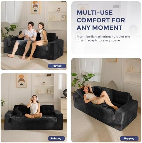 MAXYOYO Bean Bag Chair for Adults, Upholstered Floor Sofa with Armrests, Loveseat Boneless Couch with Tufted Cushion &amp; Backrest, Sofa in A Box, Large Bean Bag Couch for Bedroom Living Room, Black