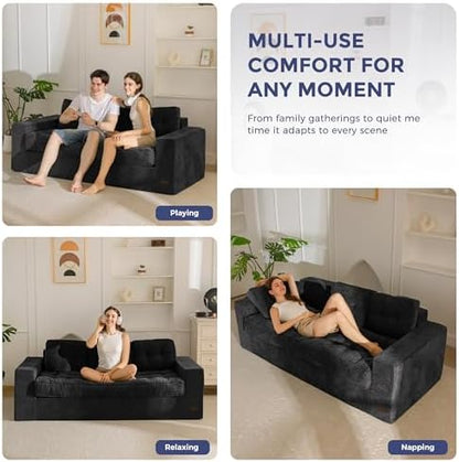 MAXYOYO Bean Bag Chair for Adults, Upholstered Floor Sofa with Armrests, Loveseat Boneless Couch with Tufted Cushion &amp; Backrest, Sofa in A Box, Large Bean Bag Couch for Bedroom Living Room, Black